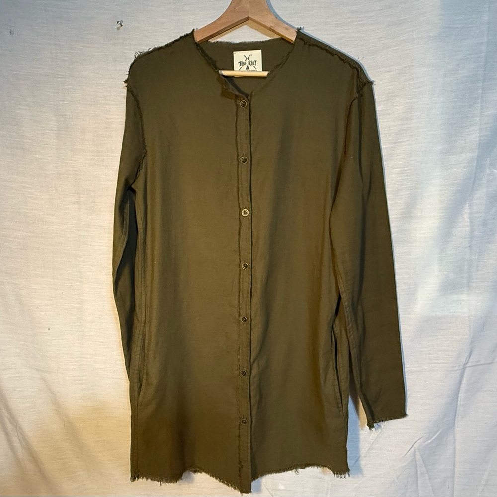 Tribe Kelley Olive Cotton Raw Edge Shirt Dress NWOT